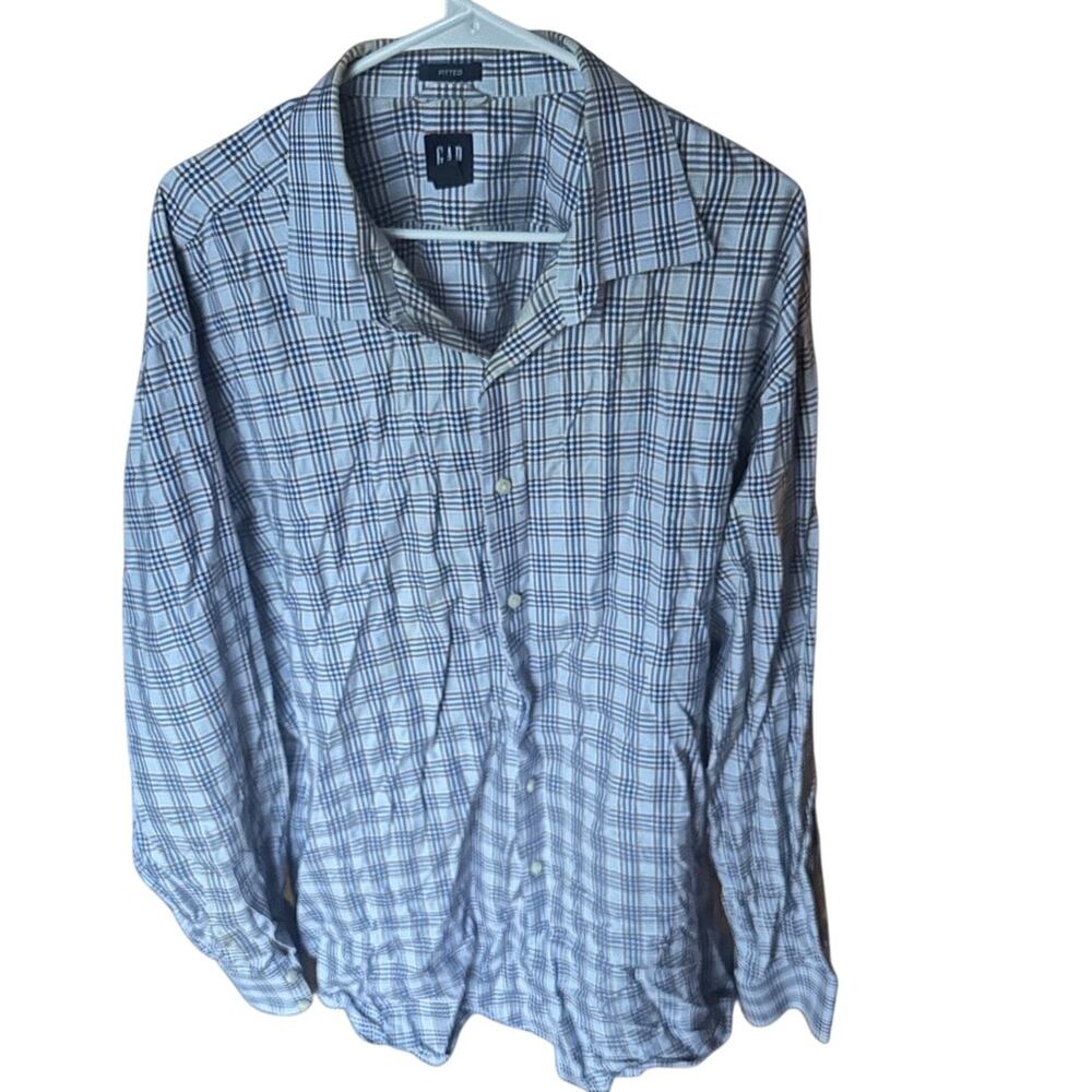 GAP Fitted Long-Sleeve Plaid Button-Up Shirt – Blue/Brown/White